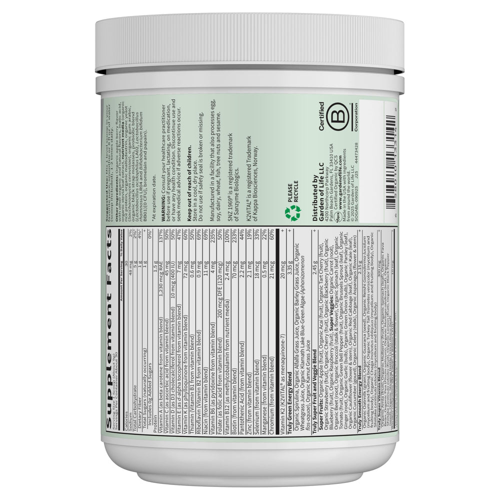 Garden of Life Sport Greens Apple Berry serving canister, convenient 30 servings.