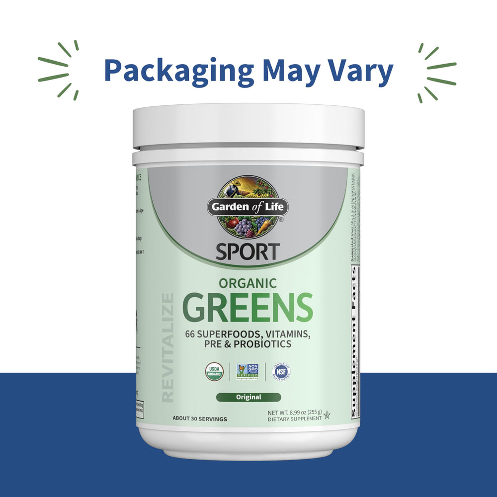 Garden of Life SPORT Organic Greens Apple Berry bottle ready for a tasty antioxidant boost