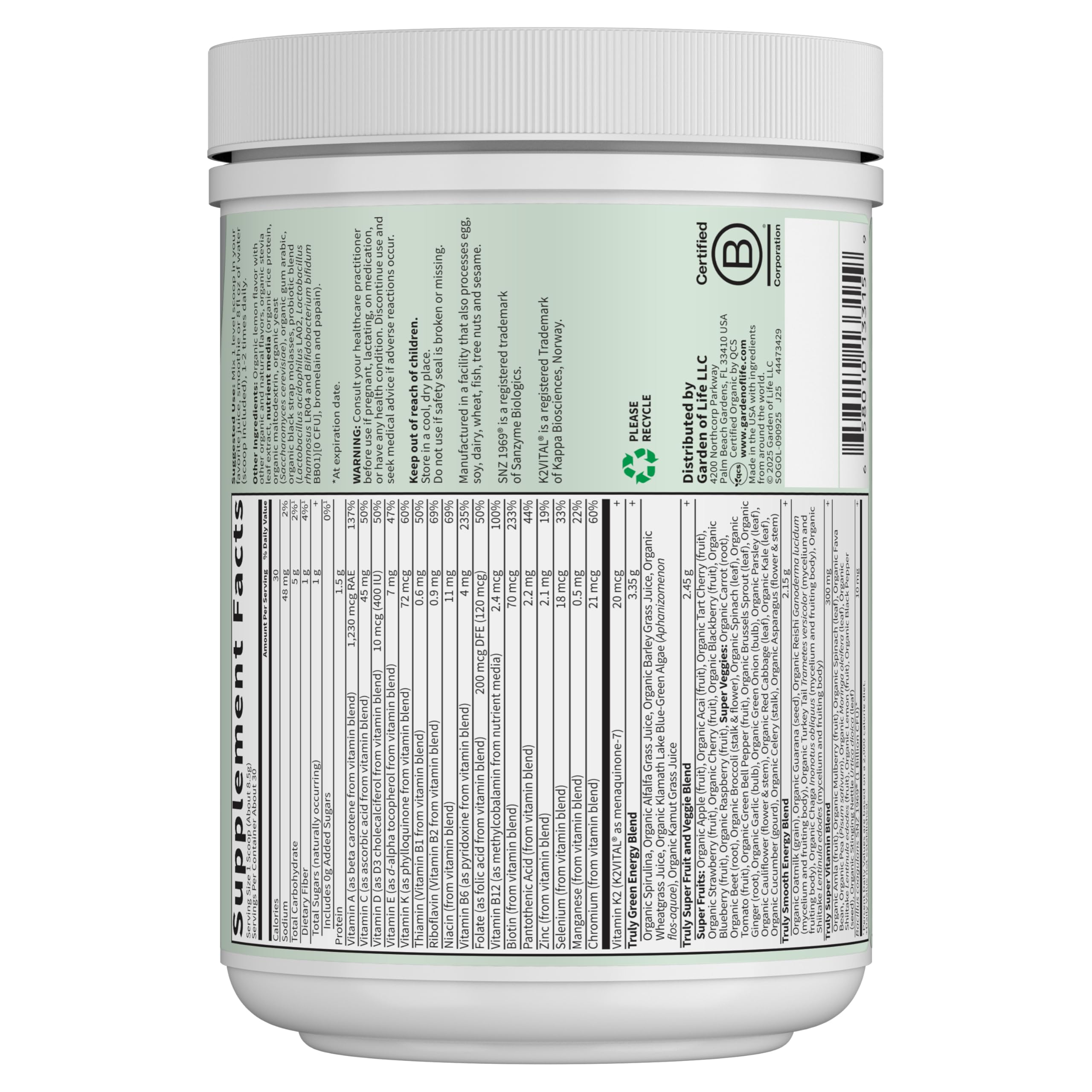Garden of Life SPORT Organic Greens certification seals visible on packaging