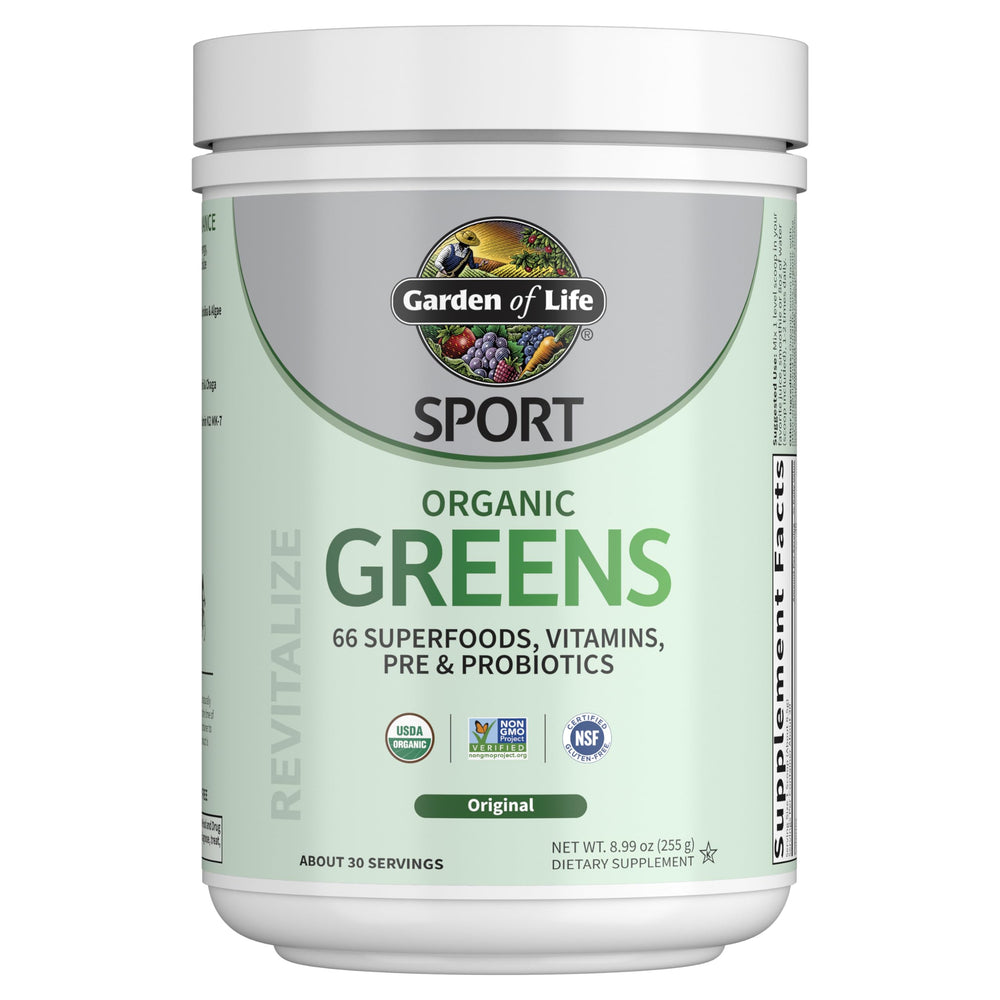 Garden of Life SPORT Organic Greens unflavored canister on kitchen counter for daily energy support