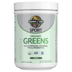 Garden of Life SPORT Organic Greens unflavored canister on kitchen counter for daily energy support