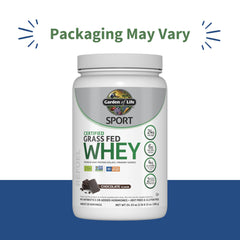 Garden of Life SPORT whey chocolate being poured for a shake
