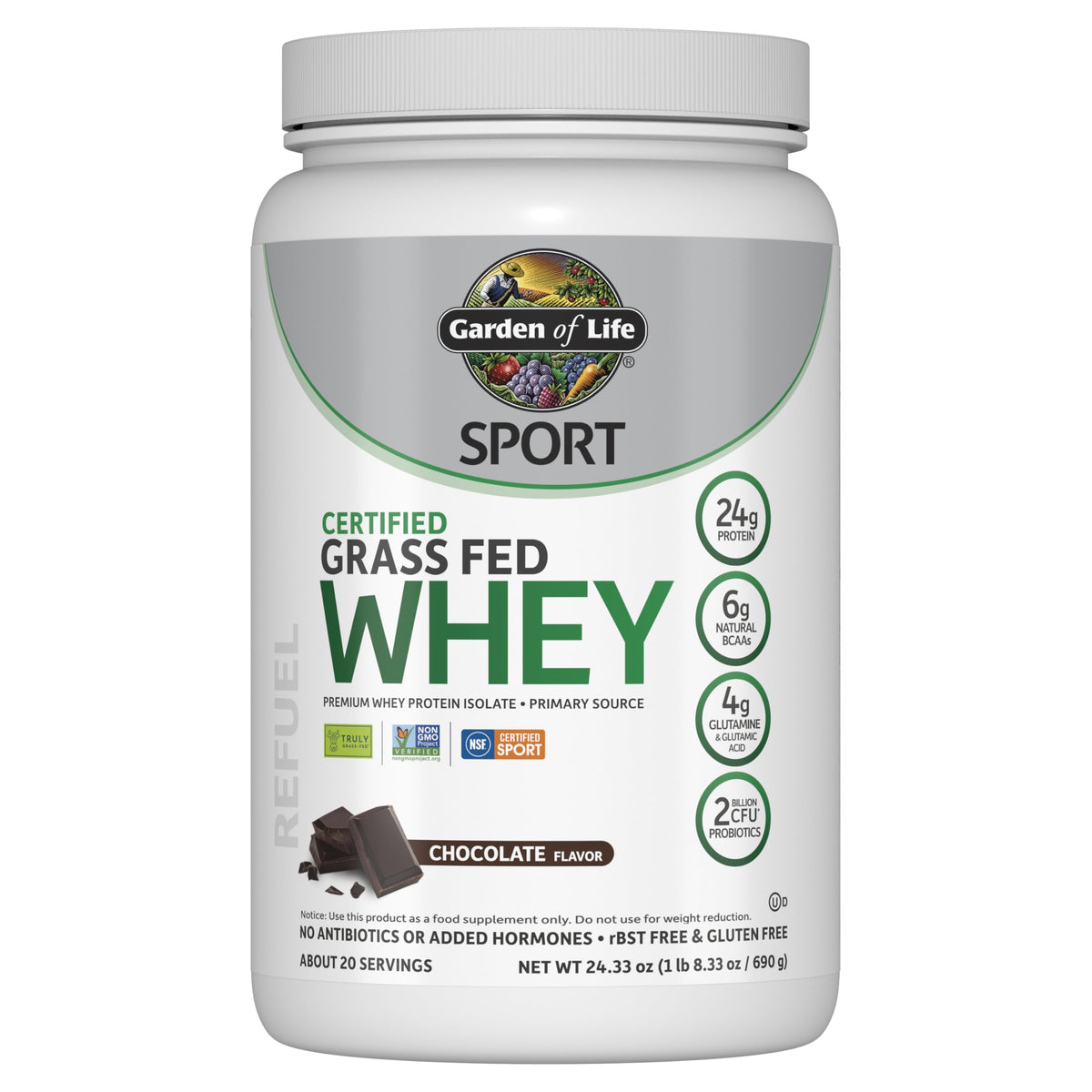 Garden of Life SPORT whey chocolate tub shows grass-fed protein with probiotics