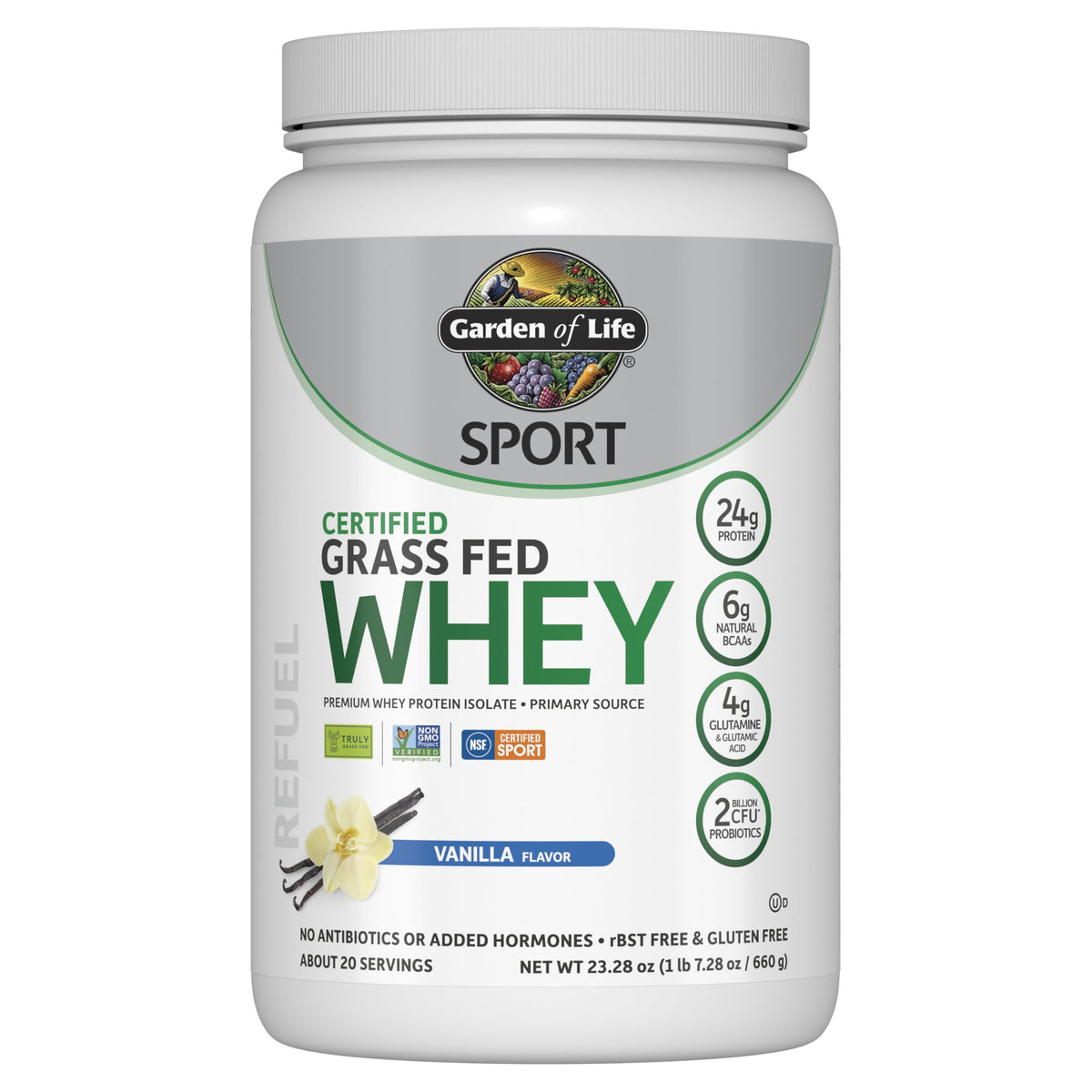 Garden of Life SPORT whey bottle shows grass-fed protein for post-workout support