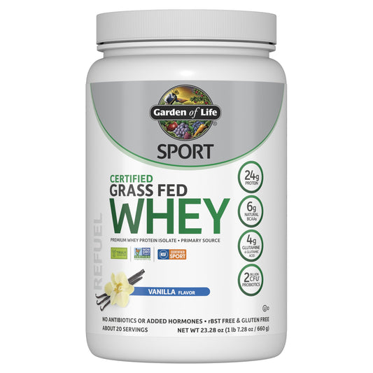 Garden of Life SPORT whey bottle shows grass-fed protein for post-workout support