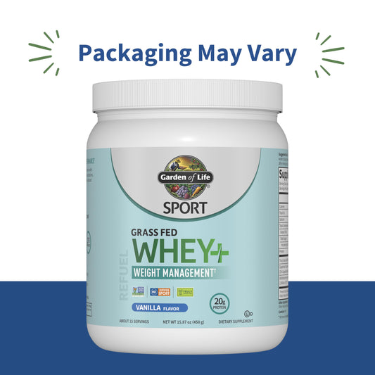 Garden of Life SPORT Whey Plus vanilla powder tub for quick shakes.