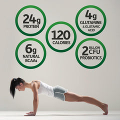 Scoop beside bottle demonstrates convenient daily post-workout protein intake