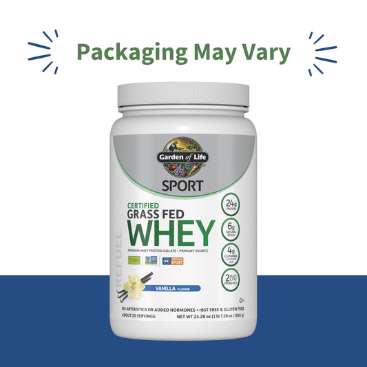 Close-up of vanilla powder and scoop highlighting 24g protein per serving