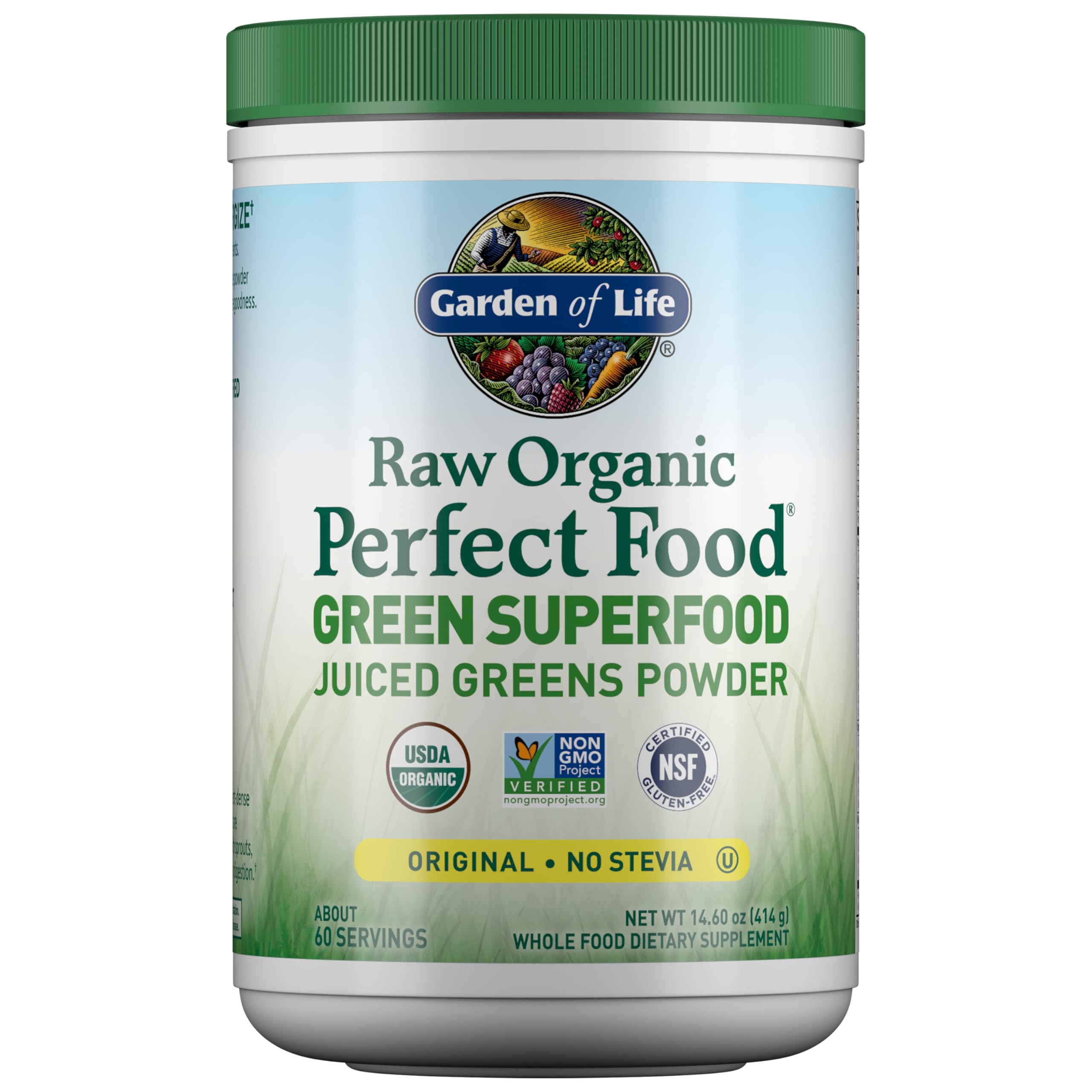 Garden of Life Super Greens powder bottle shows organic greens for daily energy.