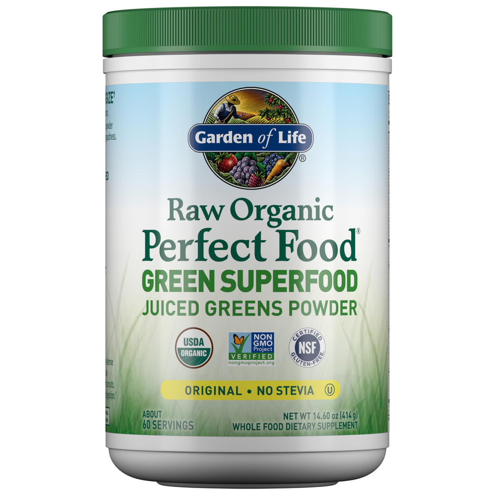 Garden of Life Super Greens powder bottle shows organic greens for daily energy.