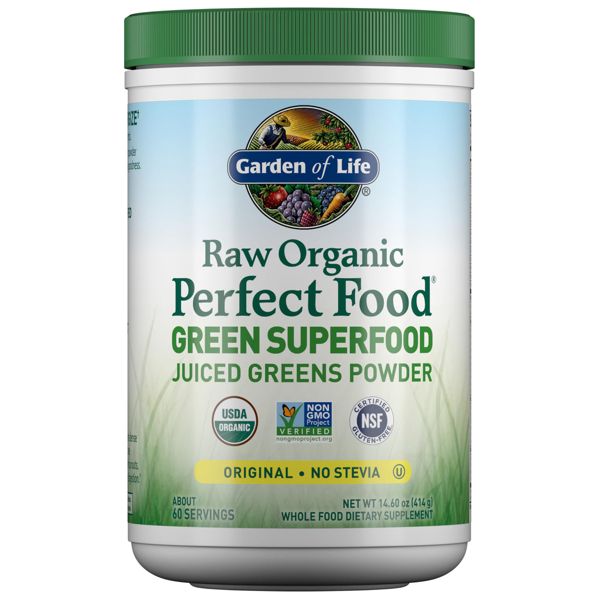 Garden of Life Super Greens powder bottle shows organic greens for daily energy.