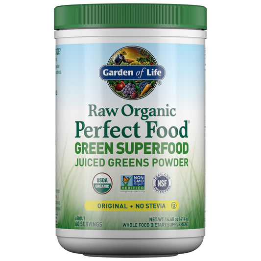 Garden of Life Super Greens powder bottle shows organic greens for daily energy.