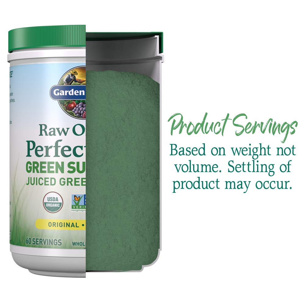 Garden of Life Super Greens powder tub front displays packaging and branding.