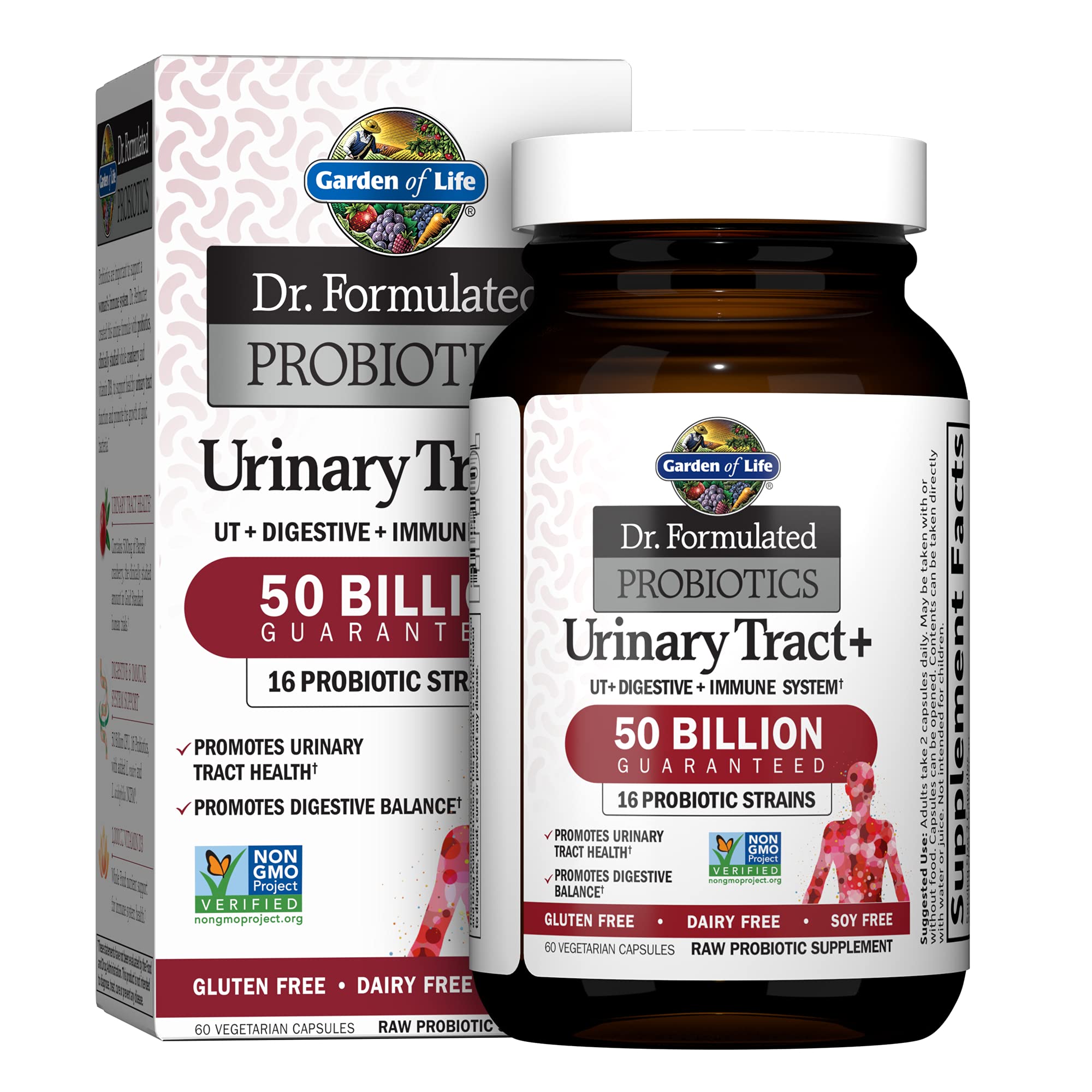 Garden of Life Urinary Tract+ bottle showcases 50 Billion CFU probiotic blend for gut support