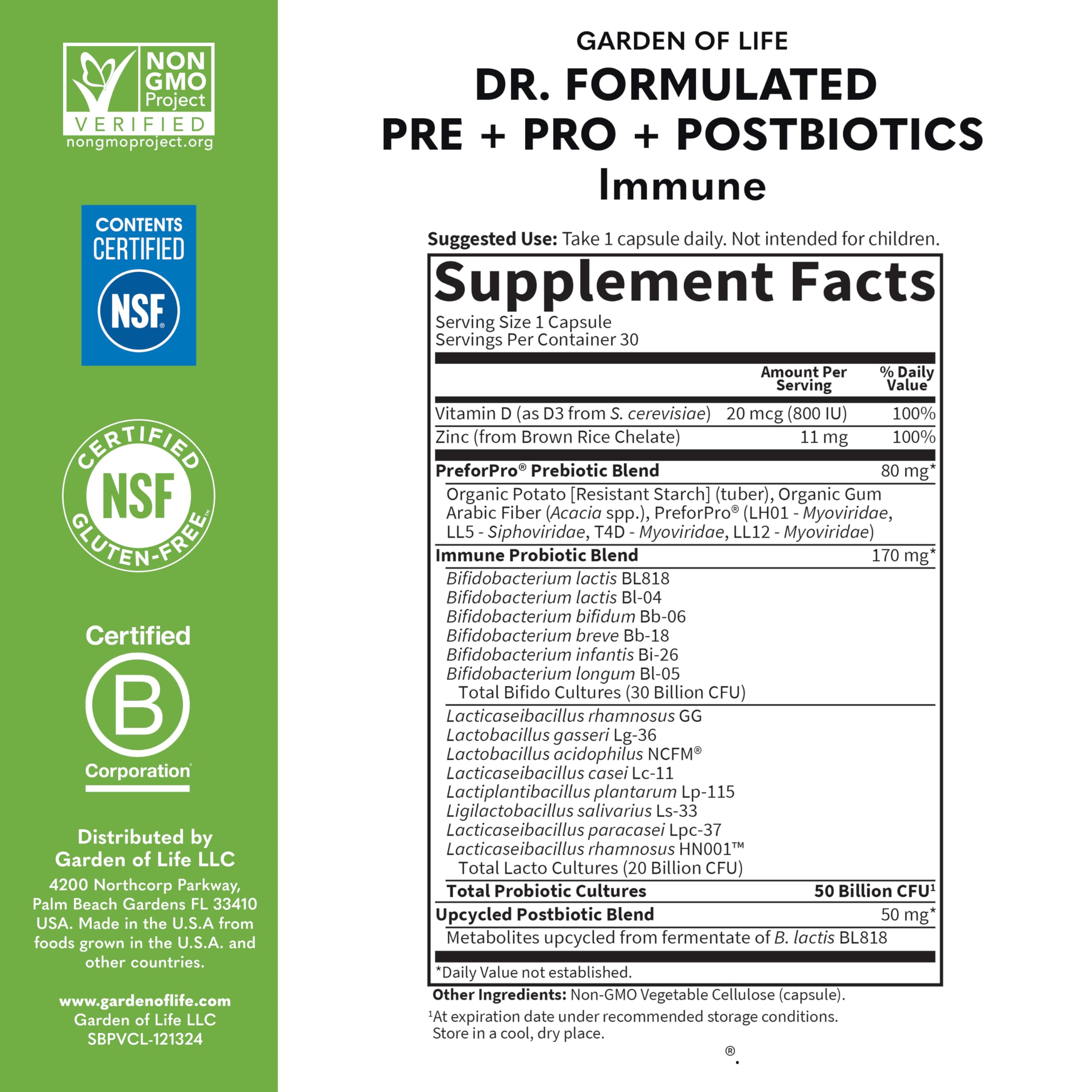 Garden of Life vegan, non-GMO probiotics bottle on shelf.