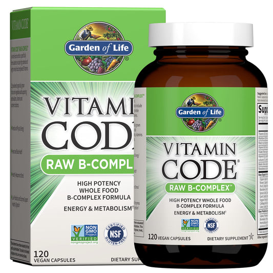 Garden of Life Vitamin B Complex bottle highlighting high-potency B vitamins and probiotic blend for day-to-day energy