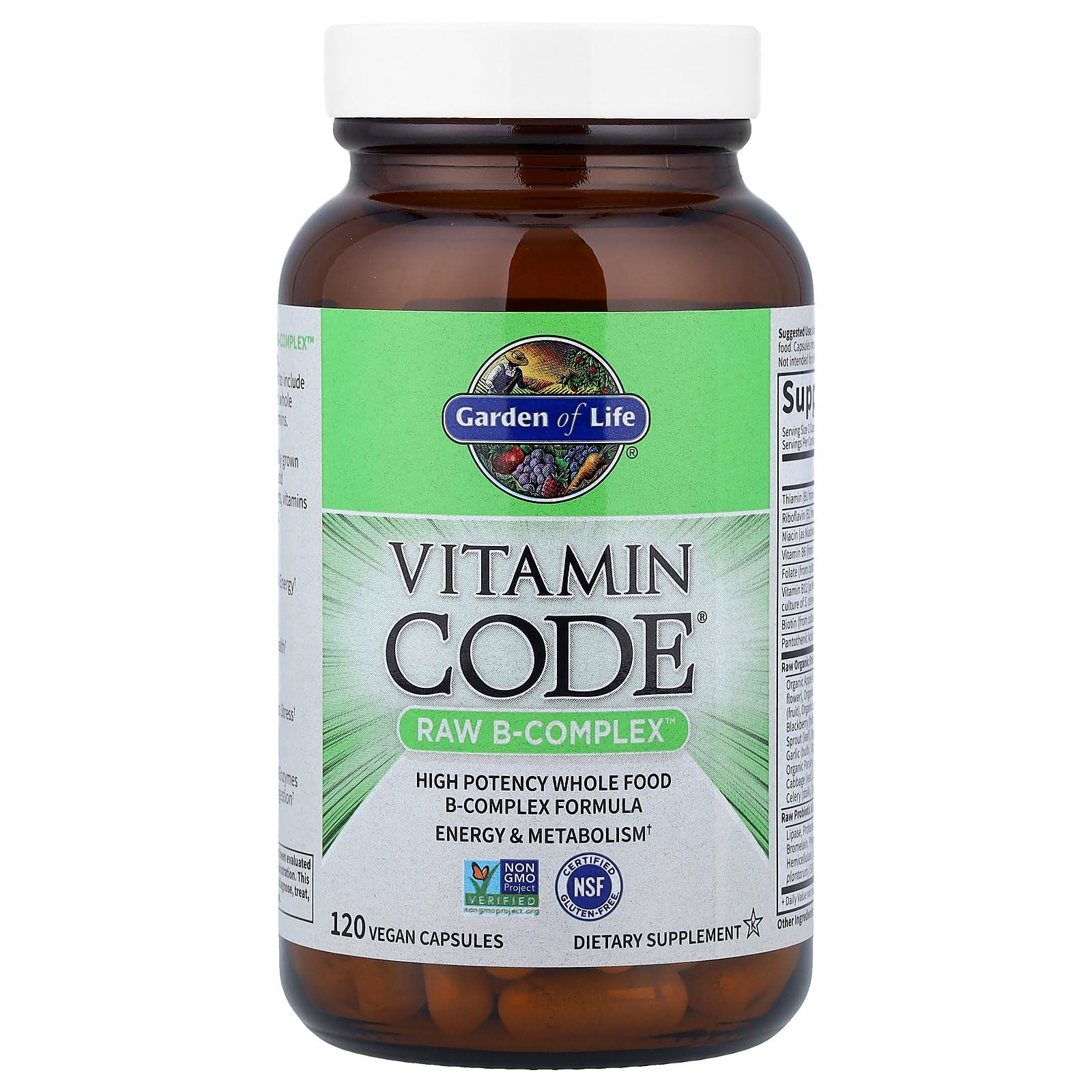 Garden of Life Vitamin B Complex label emphasizing folate and methylcobalamin B12