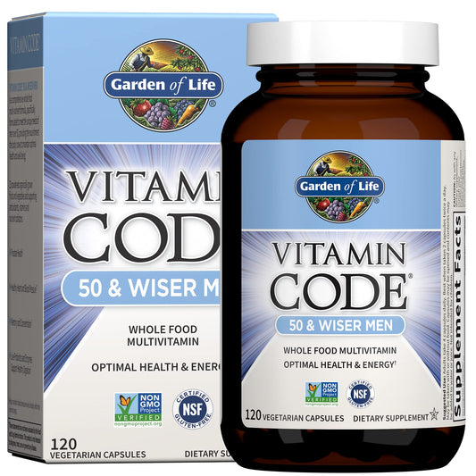 Garden of Life Vitamin Code 50 & Wiser bottle promotes mature men's wellness with whole-food nutrients
