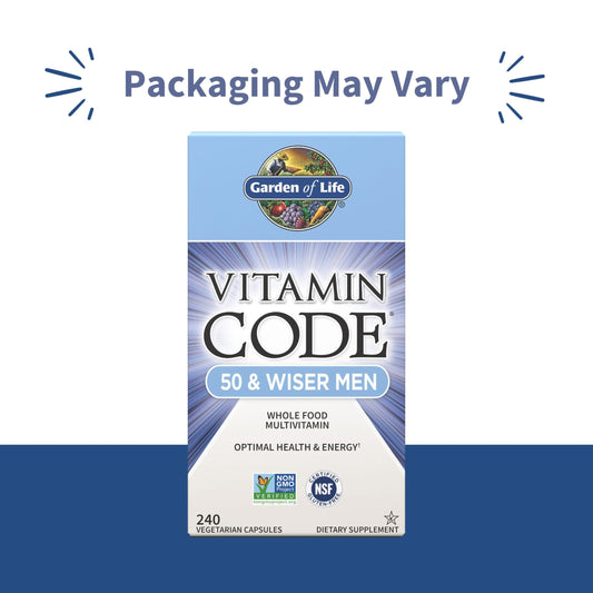 Garden of Life Vitamin Code 50 & Wiser label closeup highlights key nutrients.