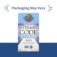 Garden of Life Vitamin Code 50 & Wiser label closeup highlights key nutrients.