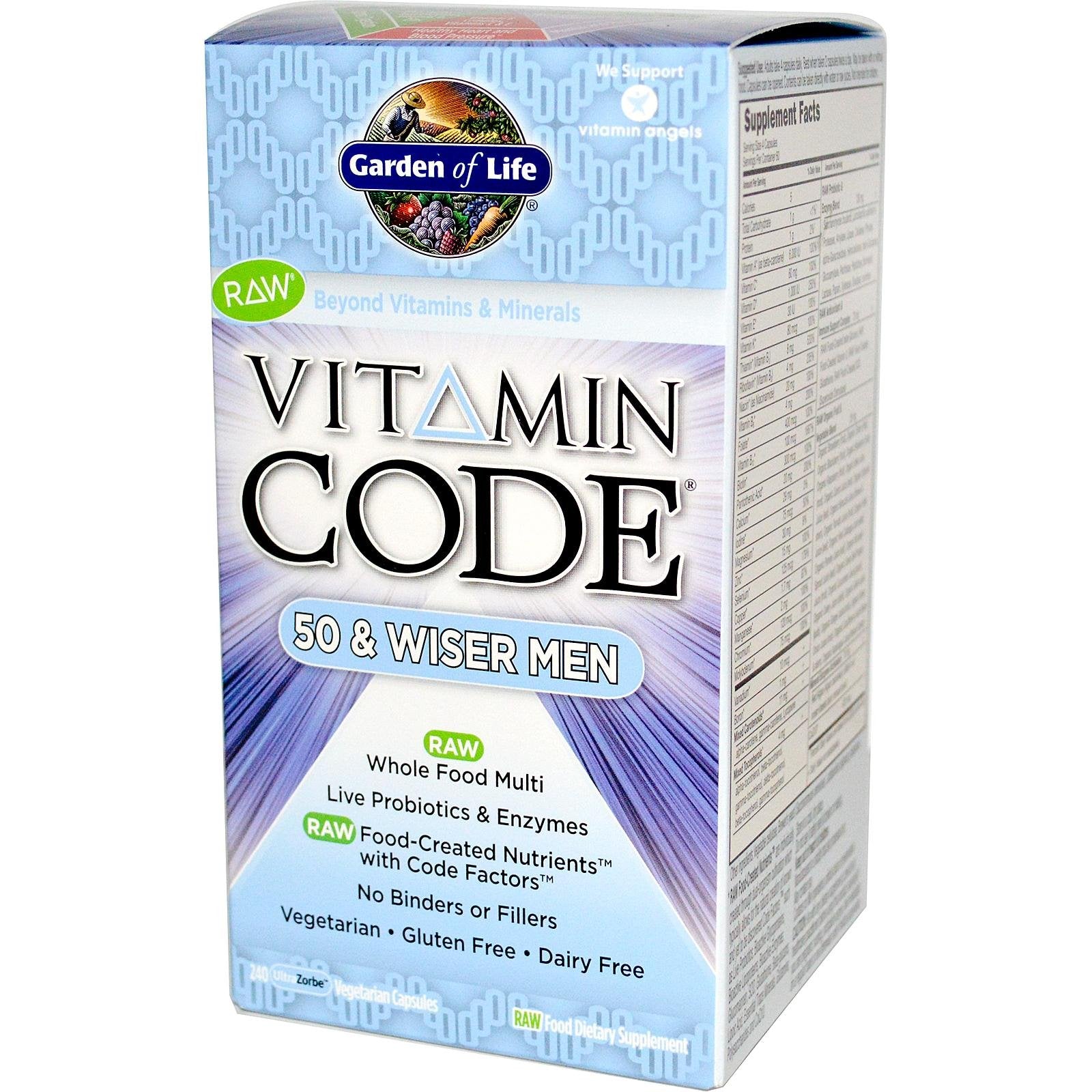 Garden of Life Vitamin Code 50 Wiser bottle highlights whole-food nutrients and probiotic blend for mature men's daily support