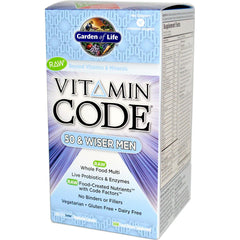Garden of Life Vitamin Code 50 Wiser bottle highlights whole-food nutrients and probiotic blend for mature men's daily support