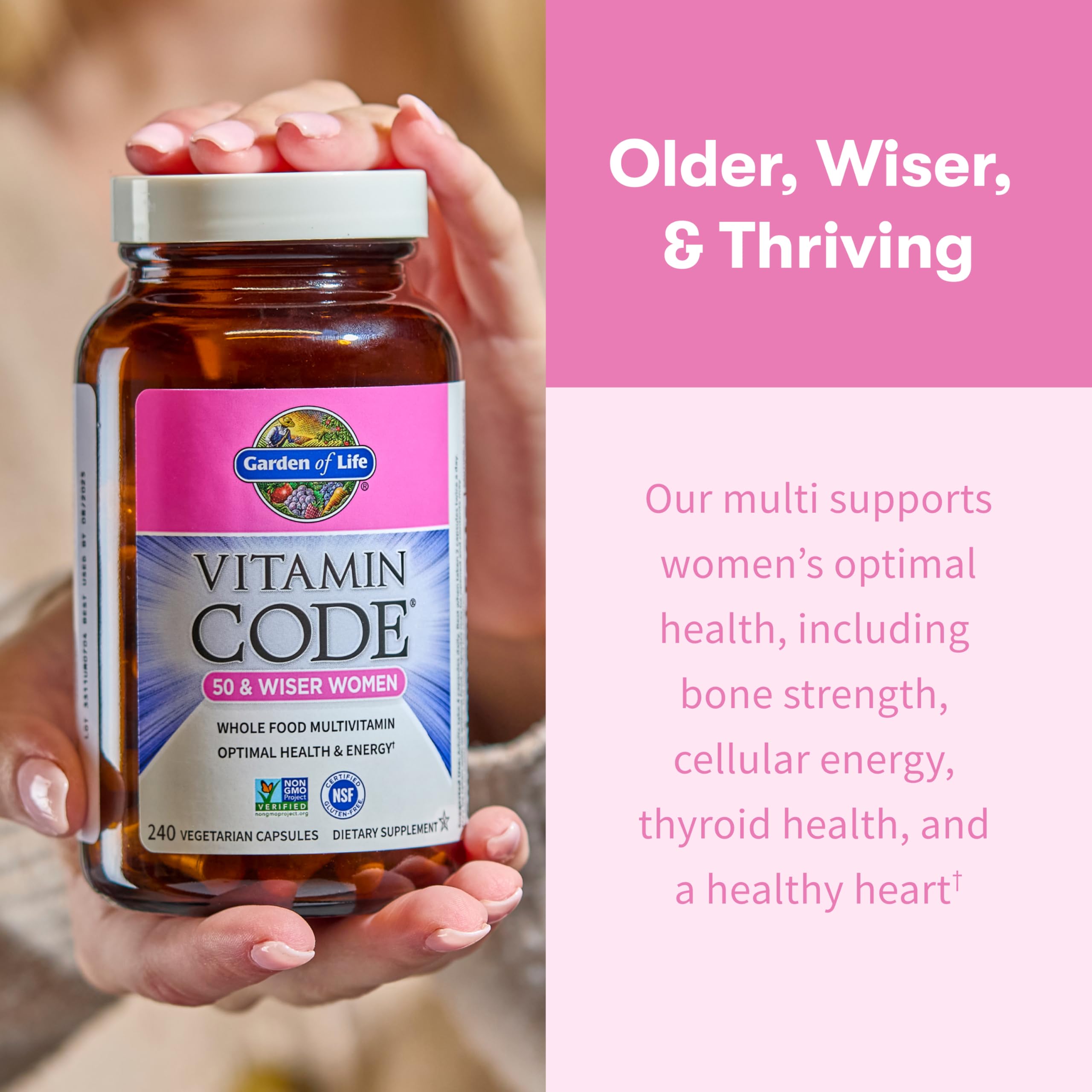 Vitamin Code 50+ Women non-GMO, gluten-free, kosher certifications visible.