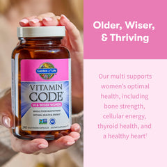 Vitamin Code 50+ Women non-GMO, gluten-free, kosher certifications visible.