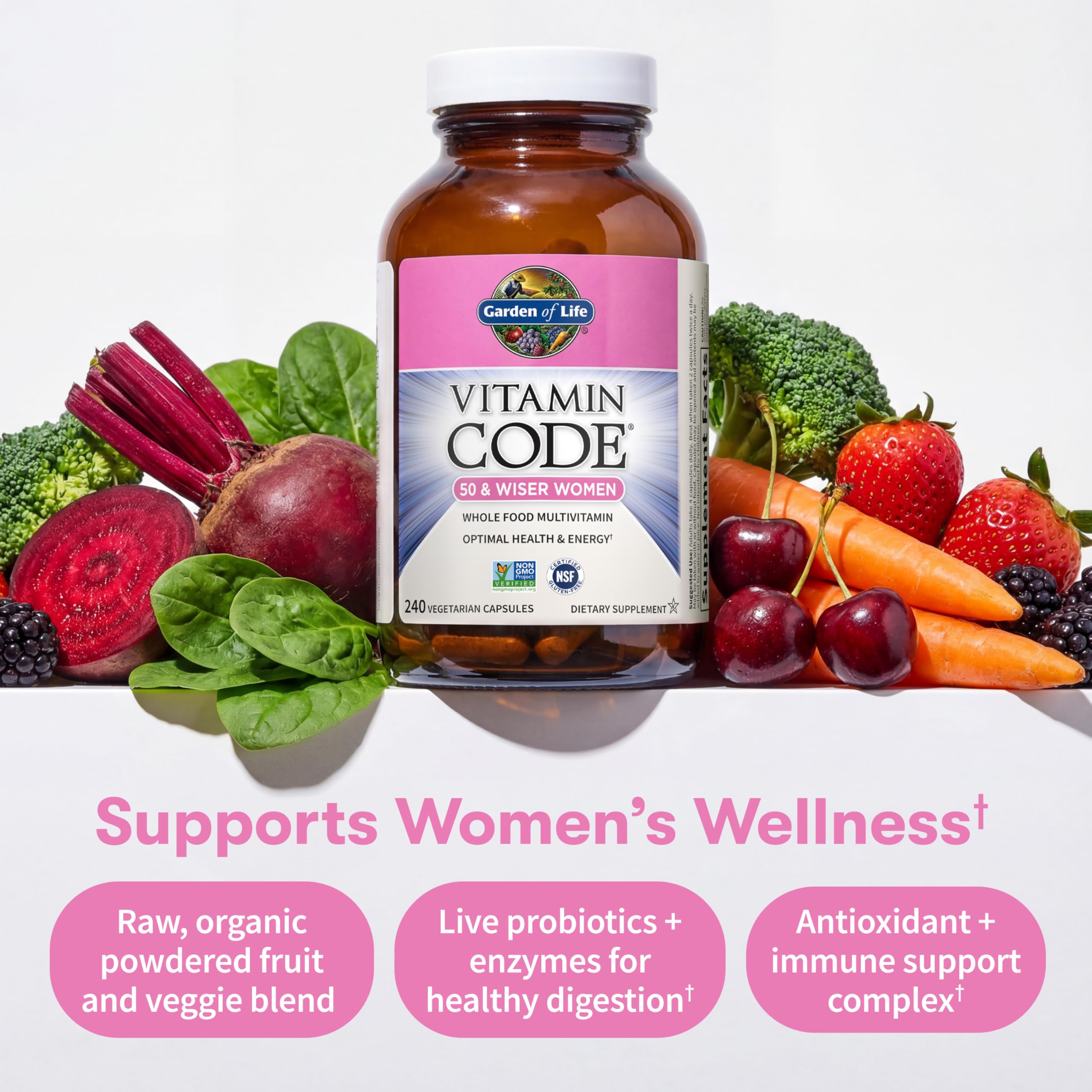 Vitamin Code 50+ Women features 23 raw fruits and vegetables.