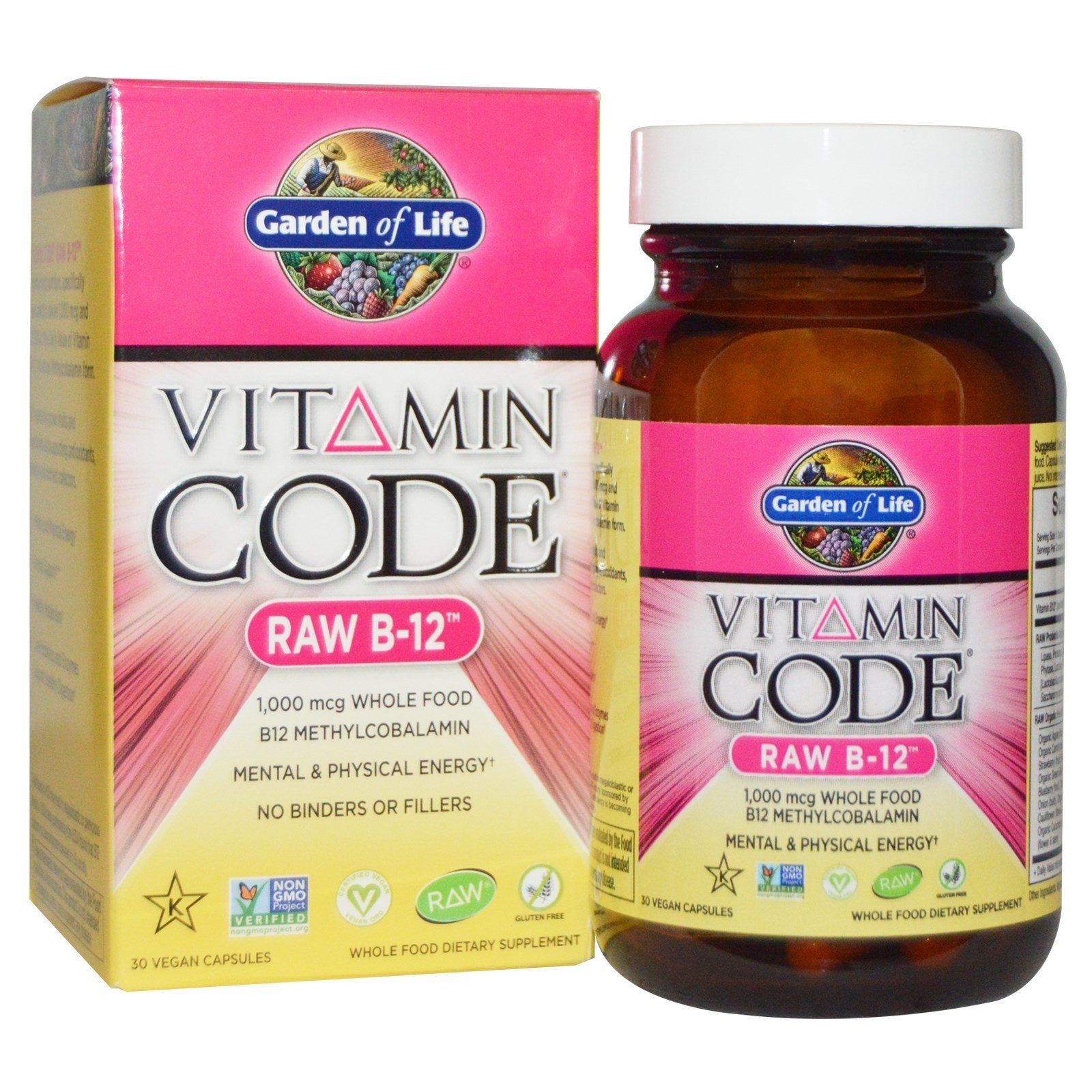 Garden of Life Vitamin Code RAW B-12 bottle close-up showing 1000 mcg formula for daily support