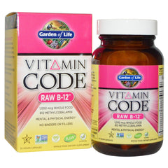 Garden of Life Vitamin Code RAW B-12 bottle close-up showing 1000 mcg formula for daily support