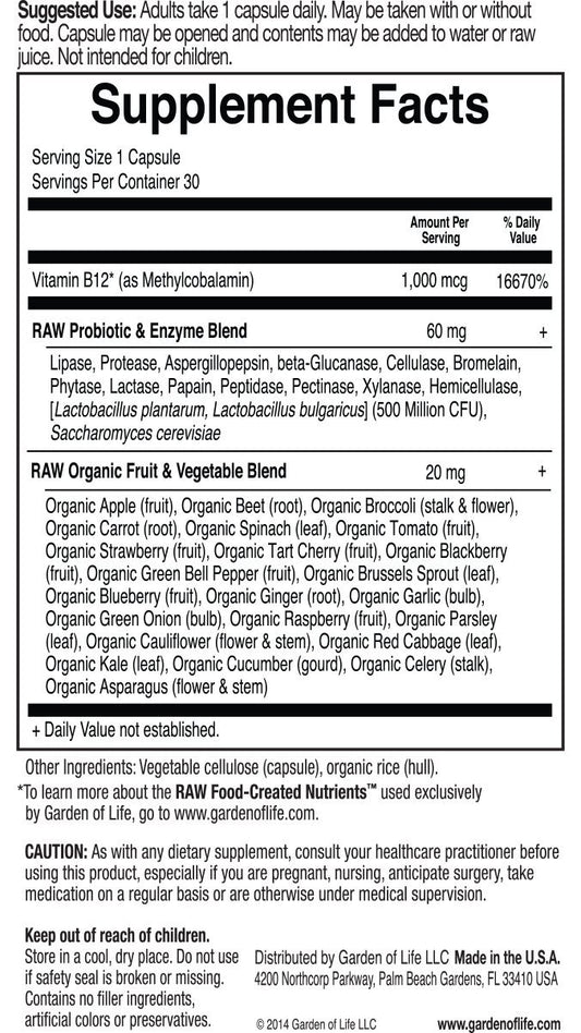 Garden of Life RAW B-12 capsules illustration highlights vegetarian capsules for energy and nutrient delivery