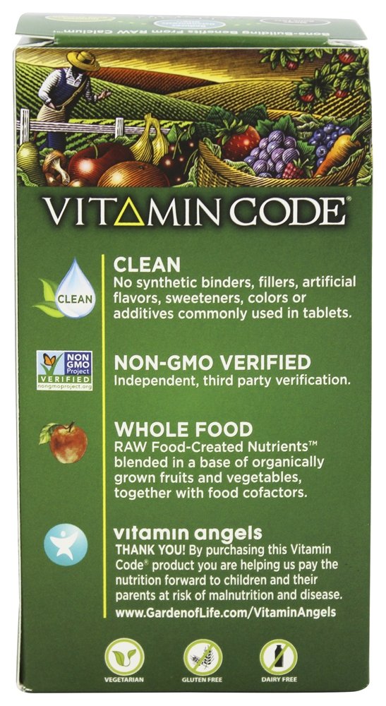 Garden of Life Vitamin Code RAW Calcium bottle with ingredients panel reveals trace minerals.