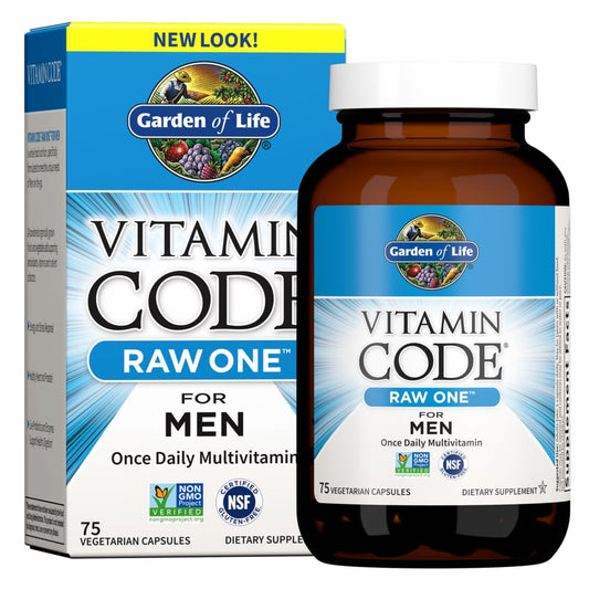 Garden of Life Vitamin Code RAW ONE for Men bottle cap close-up showing daily health support
