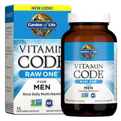 Garden of Life Vitamin Code RAW ONE for Men bottle cap close-up showing daily health support