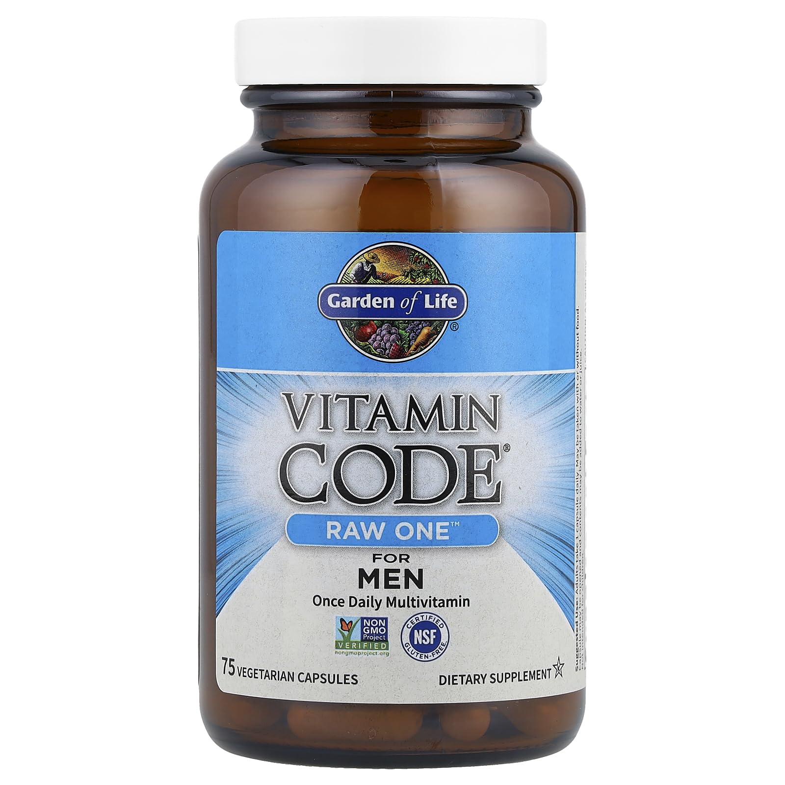 Garden of Life Vitamin Code RAW ONE for Men capsules on a surface ready for daily intake