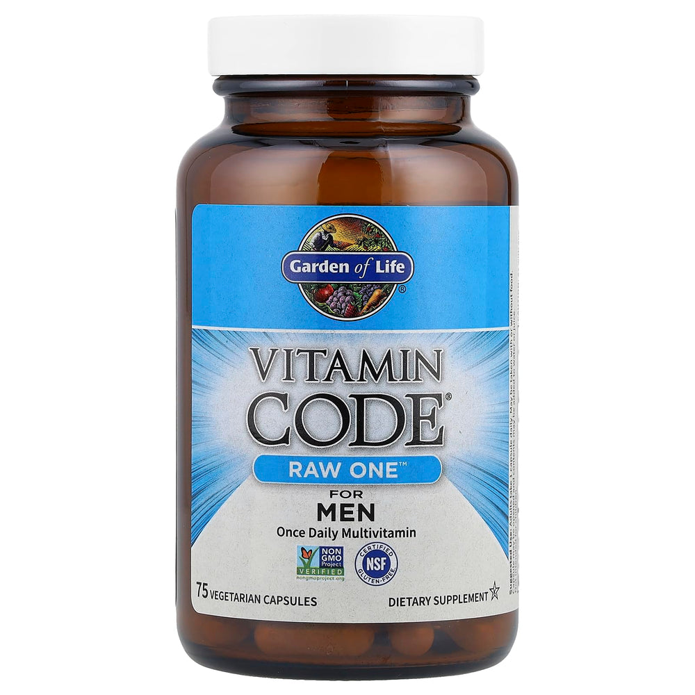 Garden of Life Vitamin Code RAW ONE for Men capsules on a surface ready for daily intake