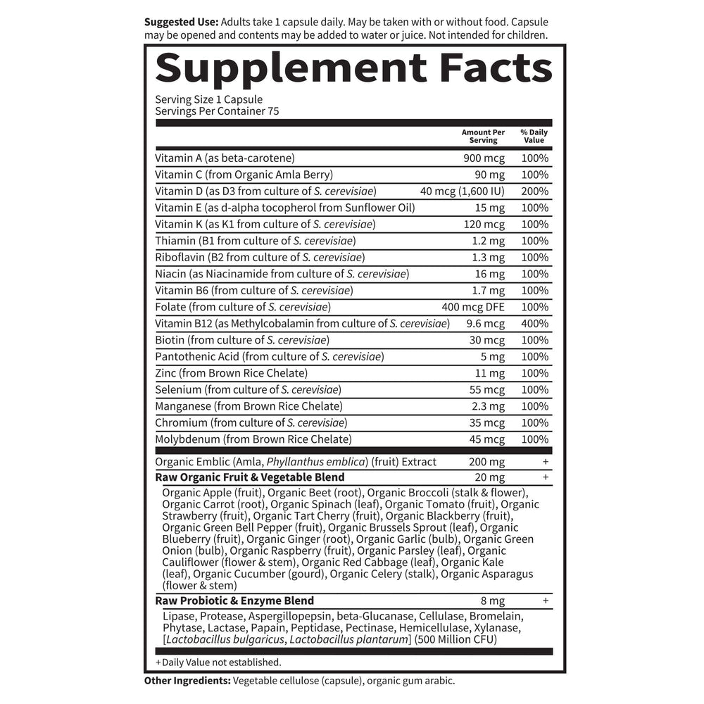 Garden of Life Vitamin Code RAW ONE for Men whole-food imagery conveys nutrition from fruits and vegetables