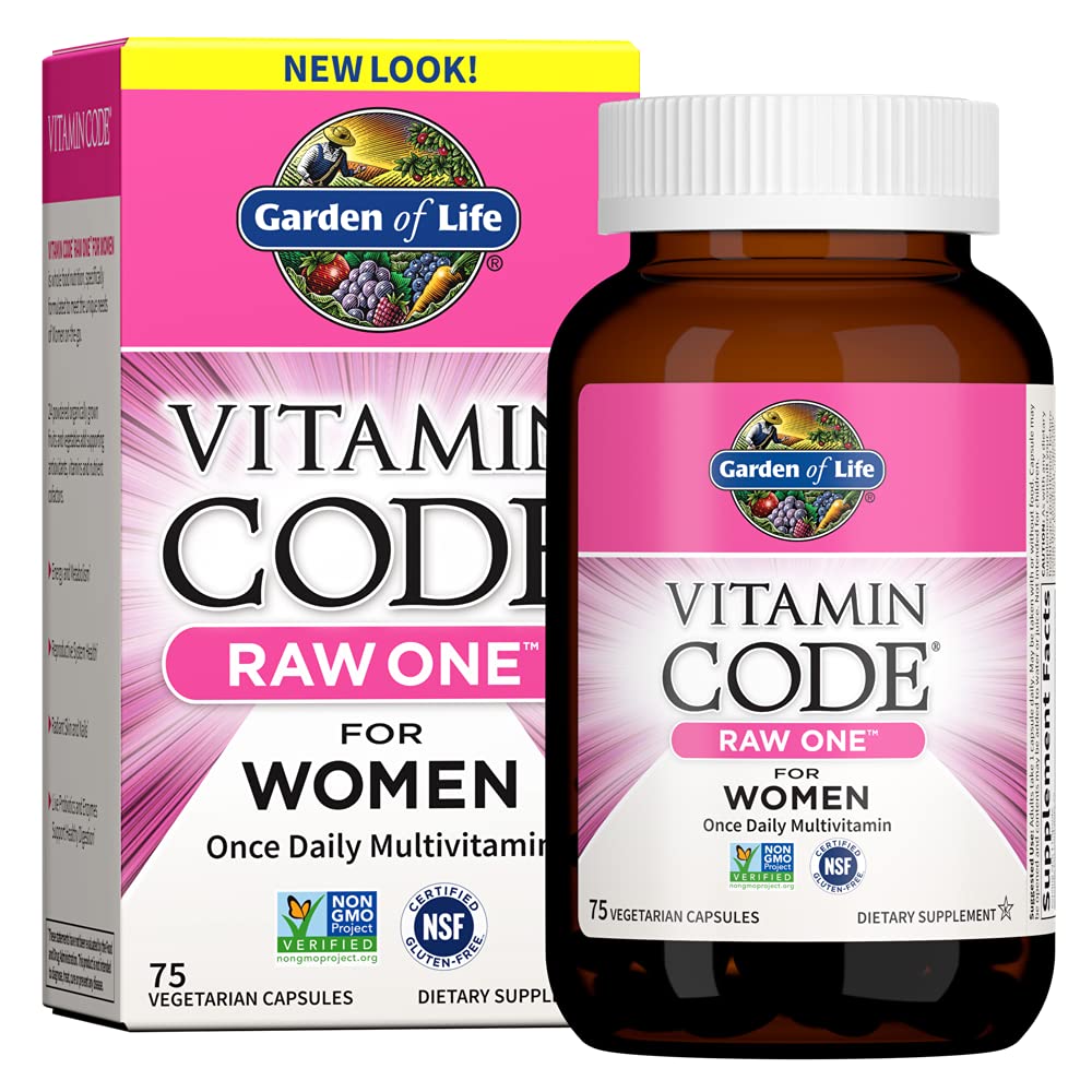 Garden of Life Vitamin Code Raw One for Women bottle front, daily multivitamin for active lifestyles.