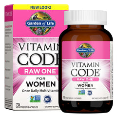 Garden of Life Vitamin Code Raw One for Women bottle front, daily multivitamin for active lifestyles.