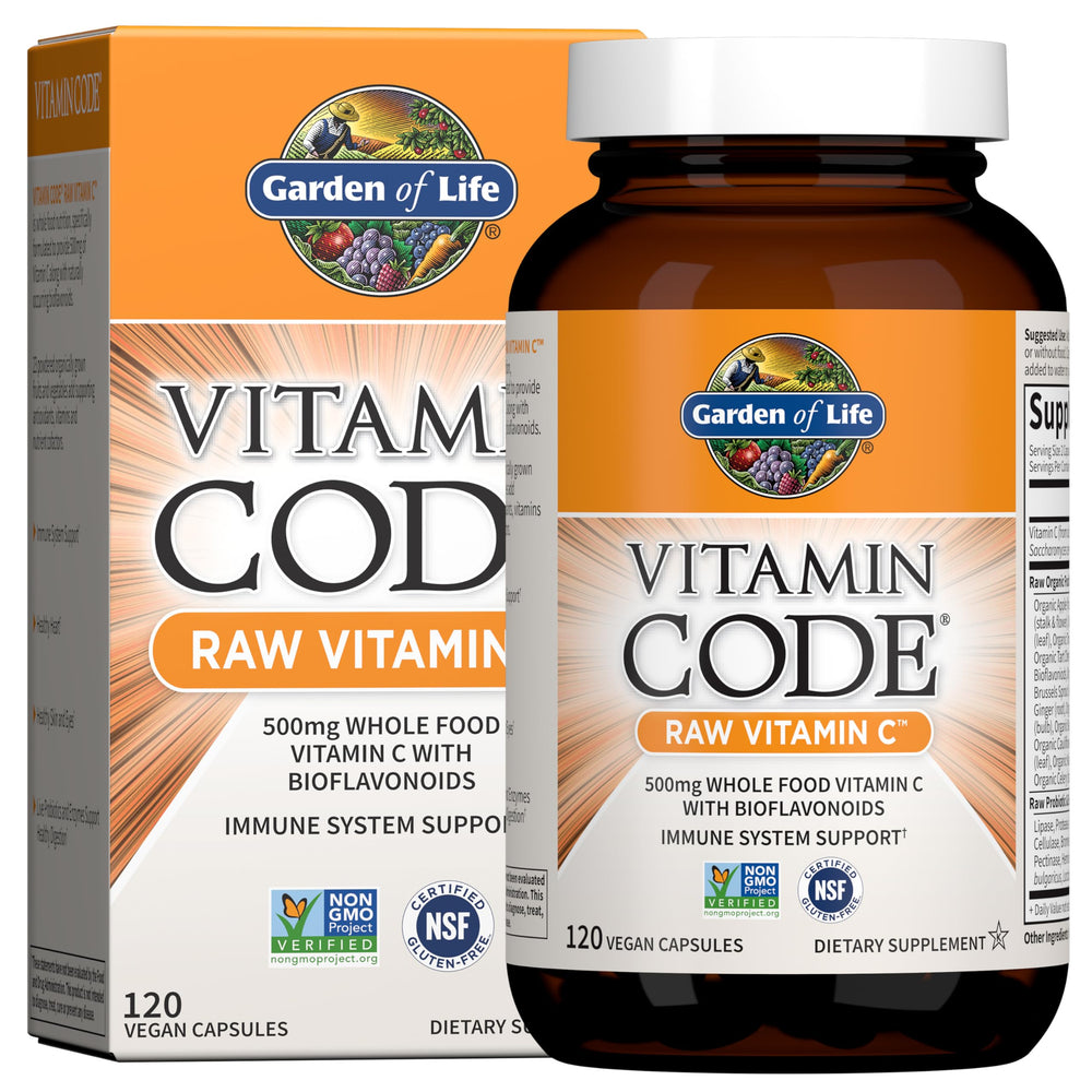Garden of Life Vitamin Code Raw Vitamin C bottle showing 500 mg for immune support