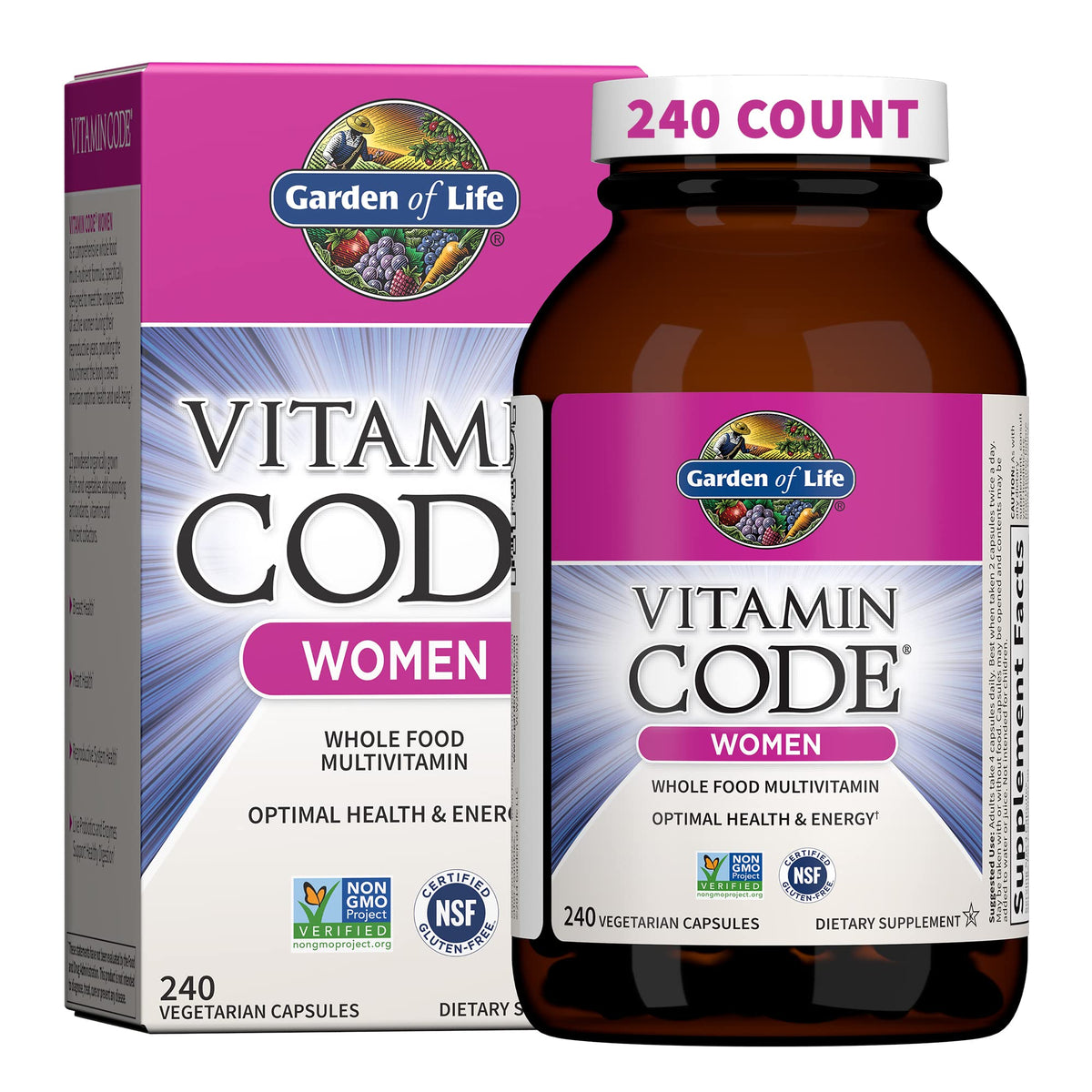 Garden of Life Vitamin Code Women bottle front shows whole-food formula for daily energy support