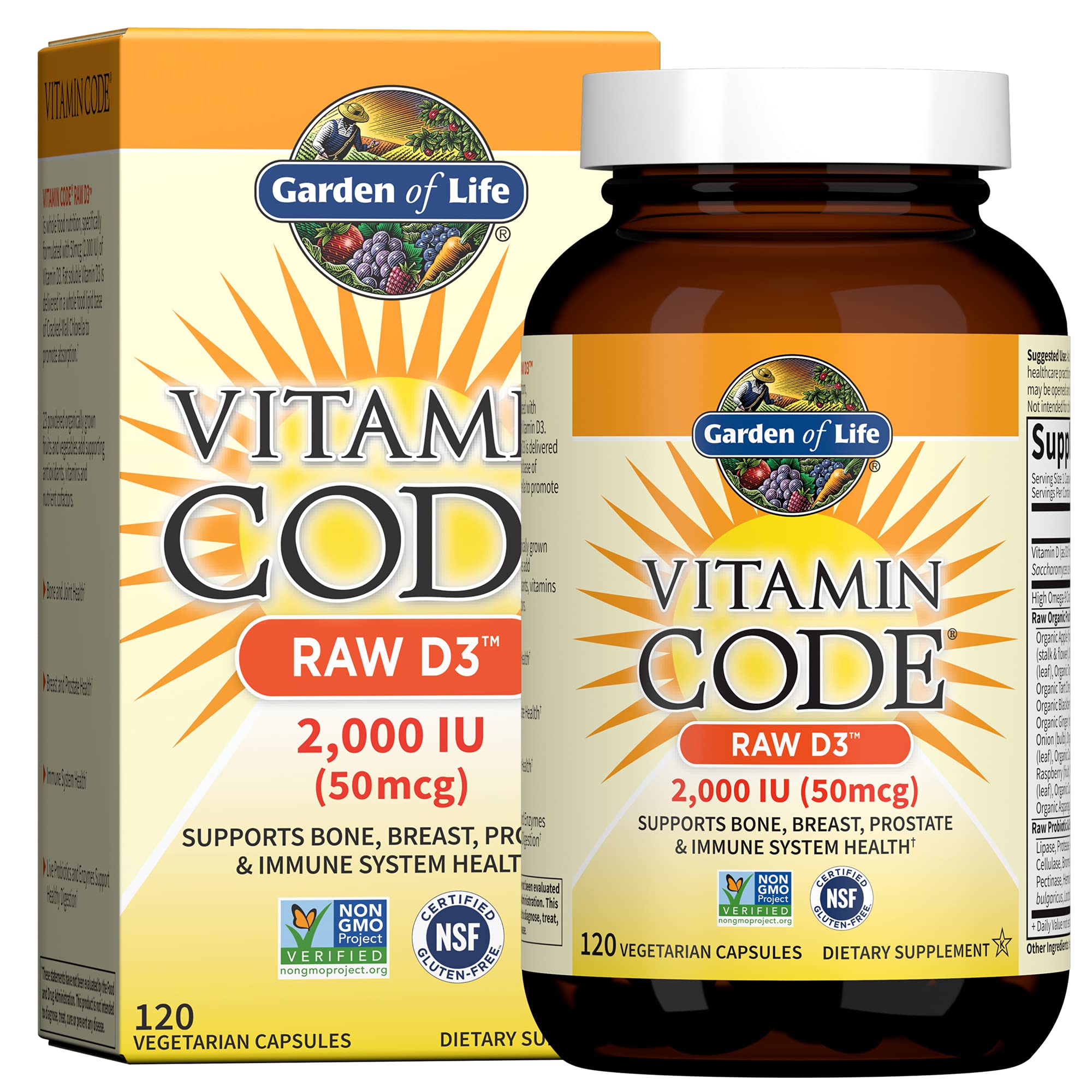 Garden of Life Vitamin D3 2000 IU bottle for daily bone and immune support.
