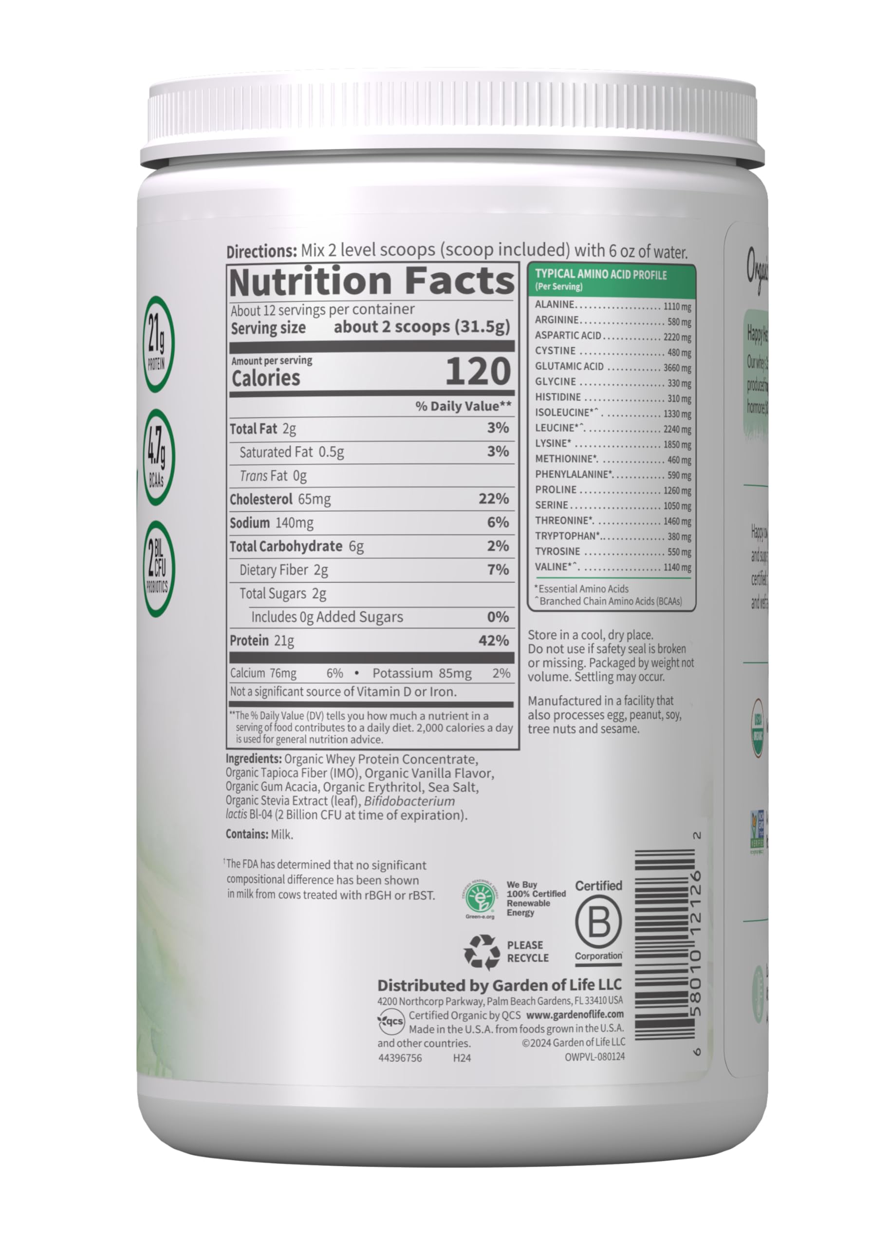 Garden of Life whey powder close-up showing vanilla flavor profile.