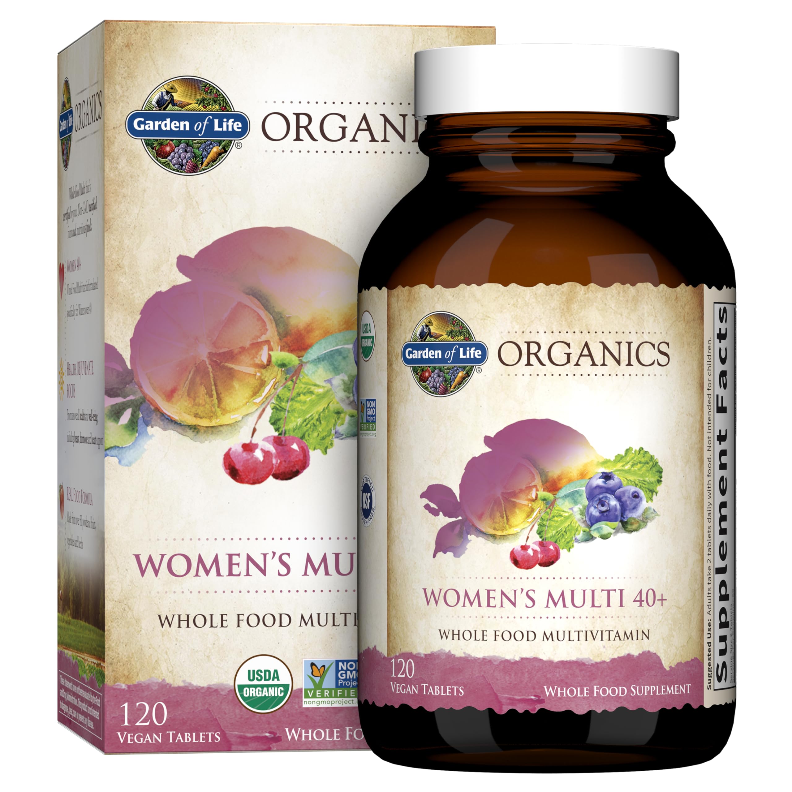 Garden of Life Women 40+ bottle highlights daily vegan multivitamin for sustained energy