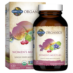 Garden of Life Women 40+ bottle highlights daily vegan multivitamin for sustained energy