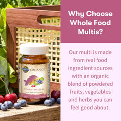 Garden of Life organic fruits and vegetables visualizes whole-food nutrition behind tablets