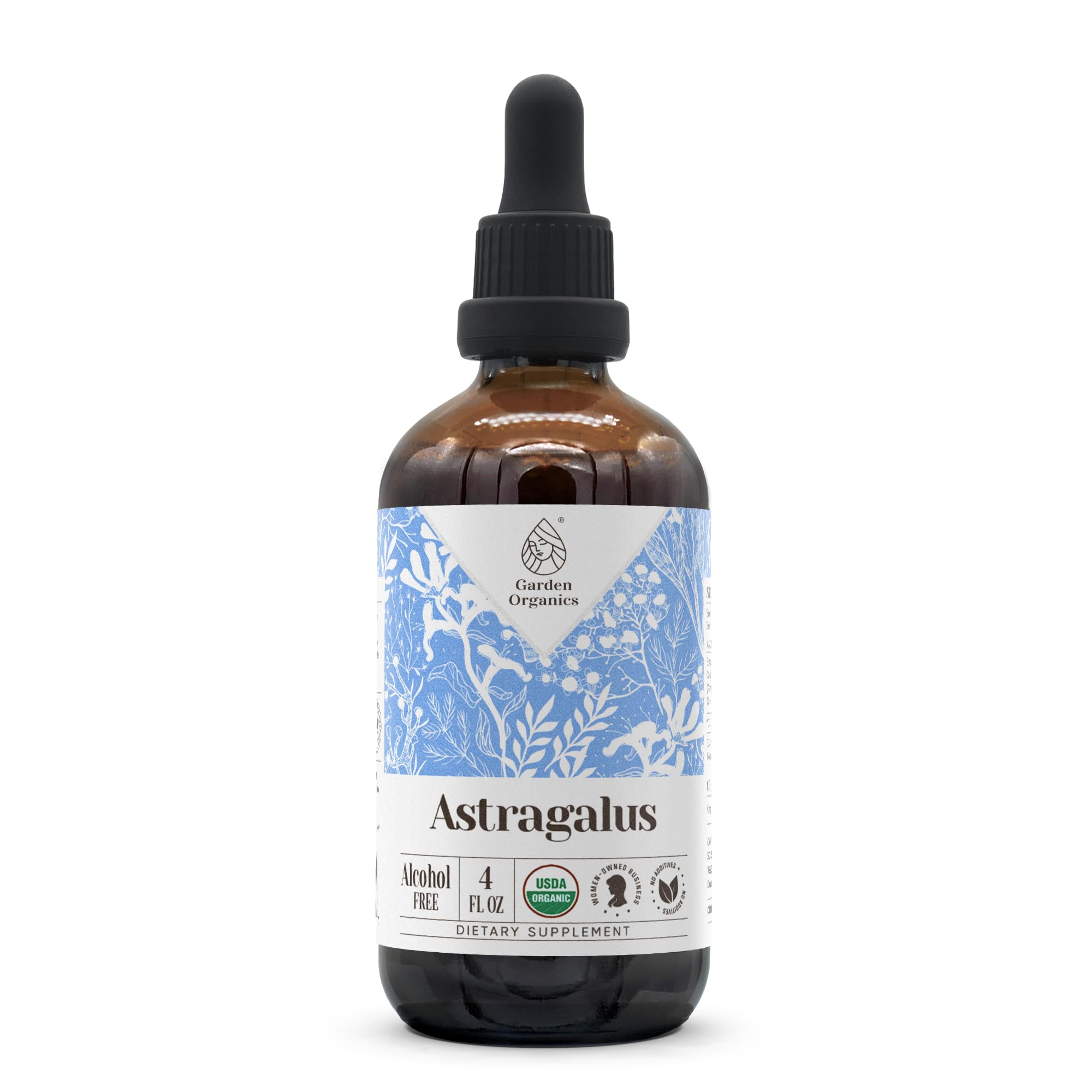 Garden Organics Astragalus bottle front shows a pure organic tincture for immune support