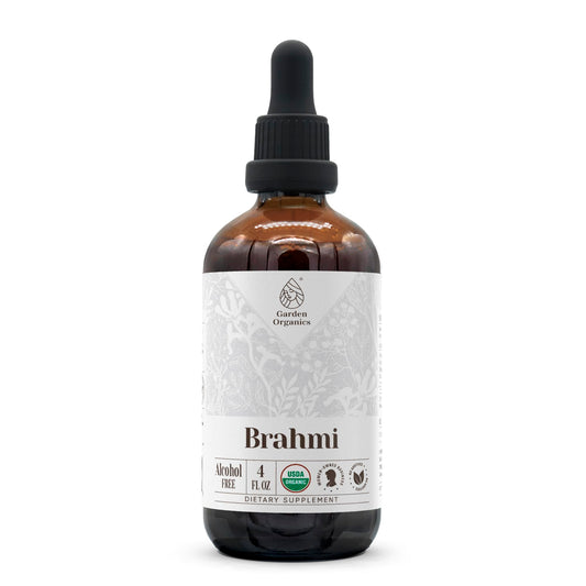 Garden Organics Brahmi tincture bottle with dropper for daily wellness
