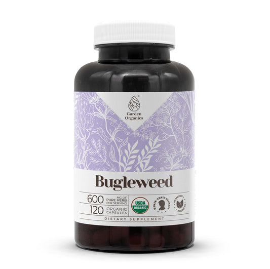 Garden Organics Bugleweed bottle label showing organic, non-GMO capsules.